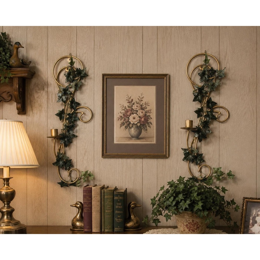 VTG Metal Ivy Wall Candle Sconces Pair Home Interiors Style Hollywood Regency